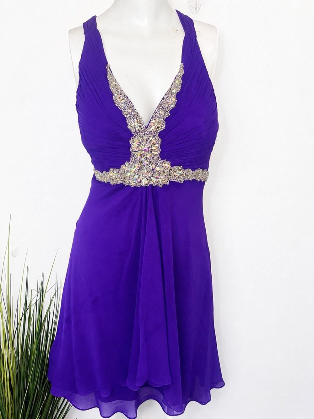 Faviana Purple Beaded Chiffon Cocktail Dress Size 12 Prom Homecoming